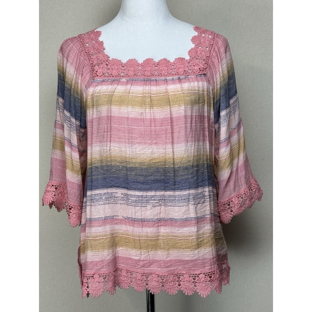 Zac &‎ Rachel Sz Small Multi-Colored 3/4 Sleeve Lace Trimmed Top Feminine Boho